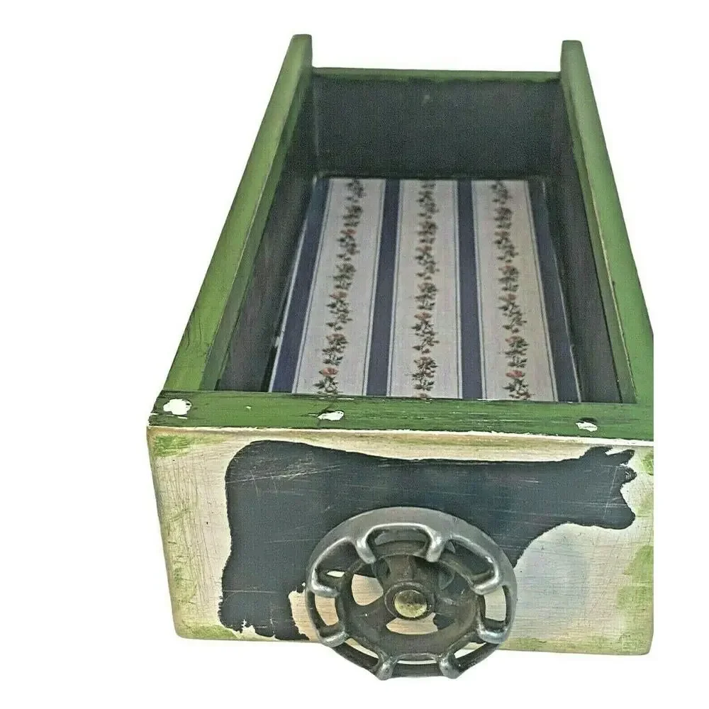 Farmhouse Wood Drawer Crate w/ Vintage Dairy Cow Spigot Handle, Green/Black